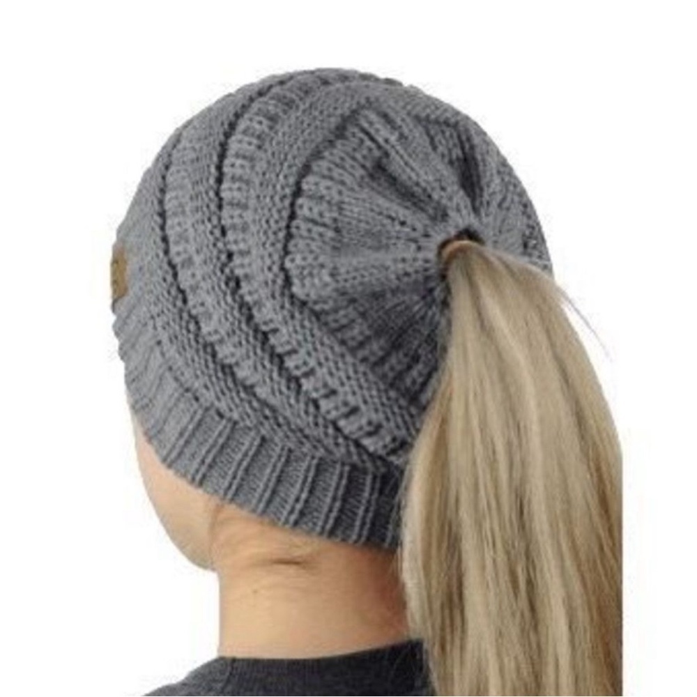 C.C Beanie Grey Tail Soft Cable Knit Messy Bun Pony Tail Hat Cozy Winter Warm